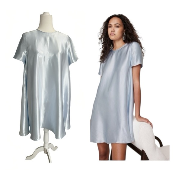 Aurelia Satin Trapeze Mini Dress XS Blue EcoVero A-Line Short Cape Sleeve NWT - Picture 1 of 12